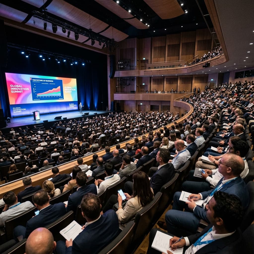 Audience at a large conference presentation