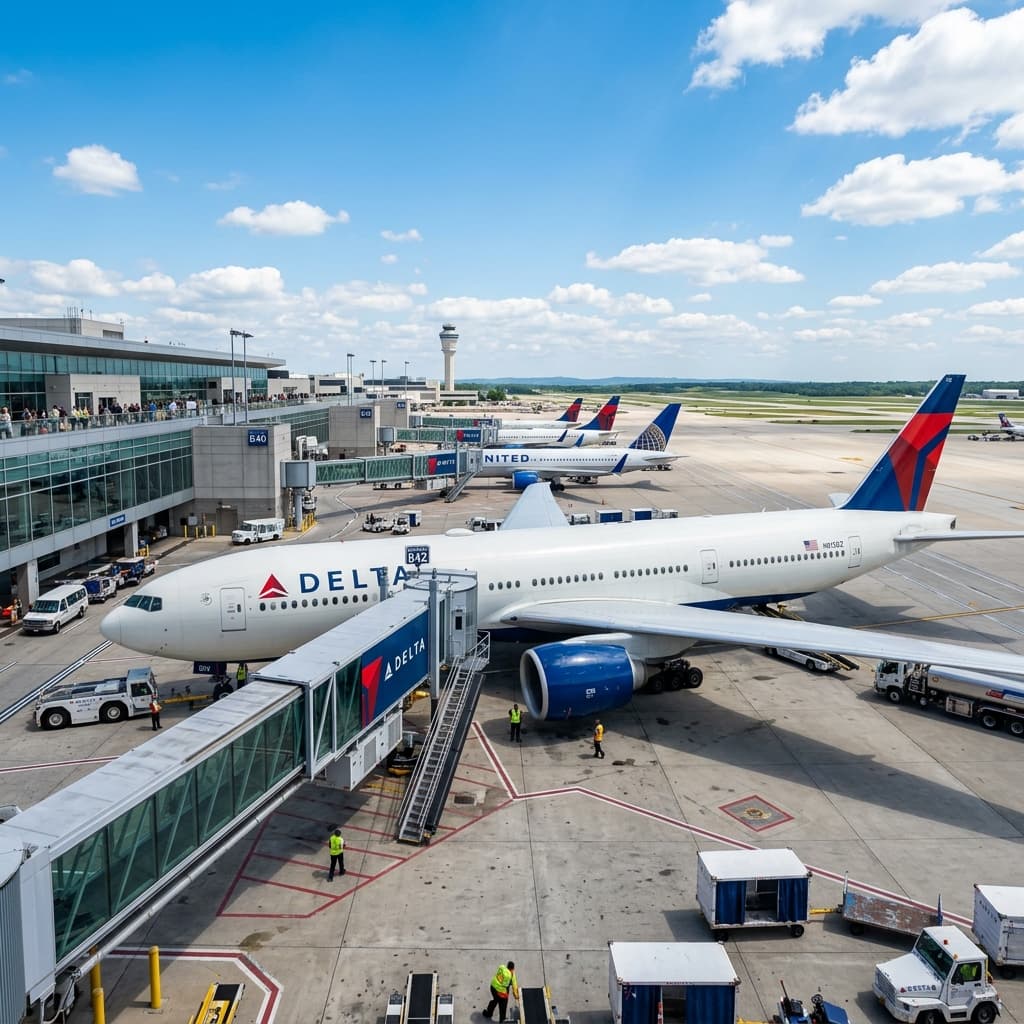 Commercial airplane at an airport terminal