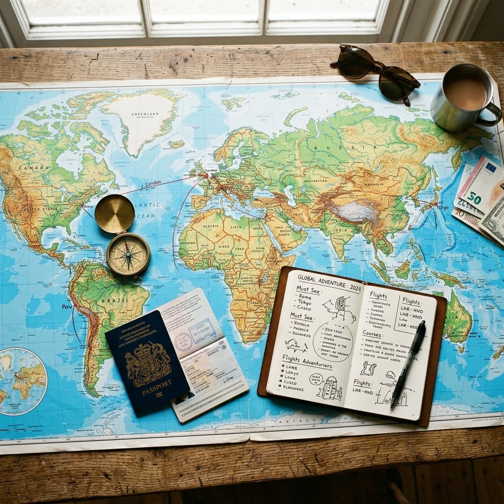 Detailed travel map spread across a table